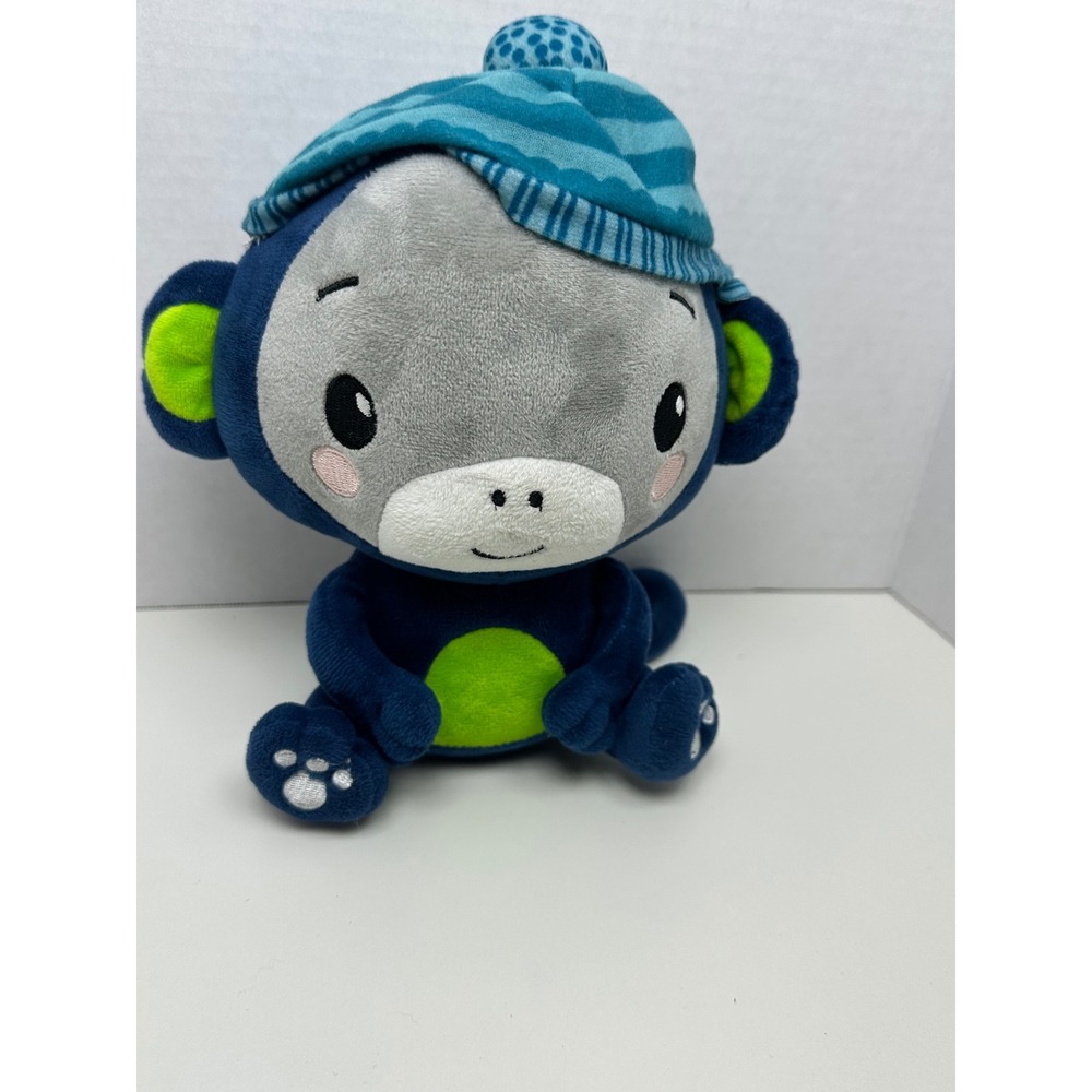 Fisher-Price Monkey Plush Blue Grey Lime Green Stuffed Animal with Striped Hat